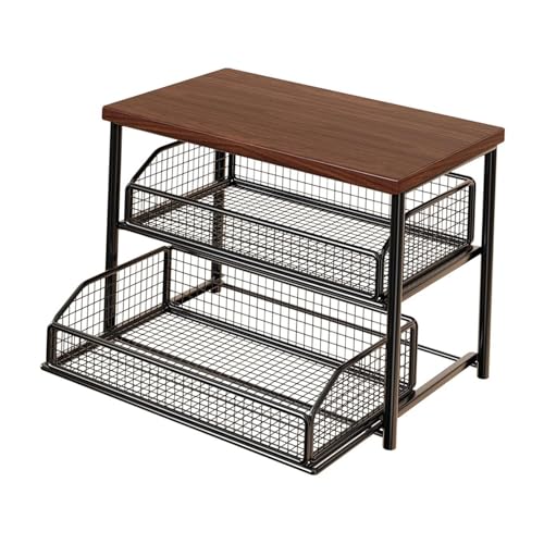 Sharplace 2-Tier Coffee Station Organizer with Drawer, 37x25x33cm Wooden & Iron Kitchen Counter Shelf for Mugs Bar Essentials, Sturdy Multi-Layer Storage with Silent Sliding Rail, Black