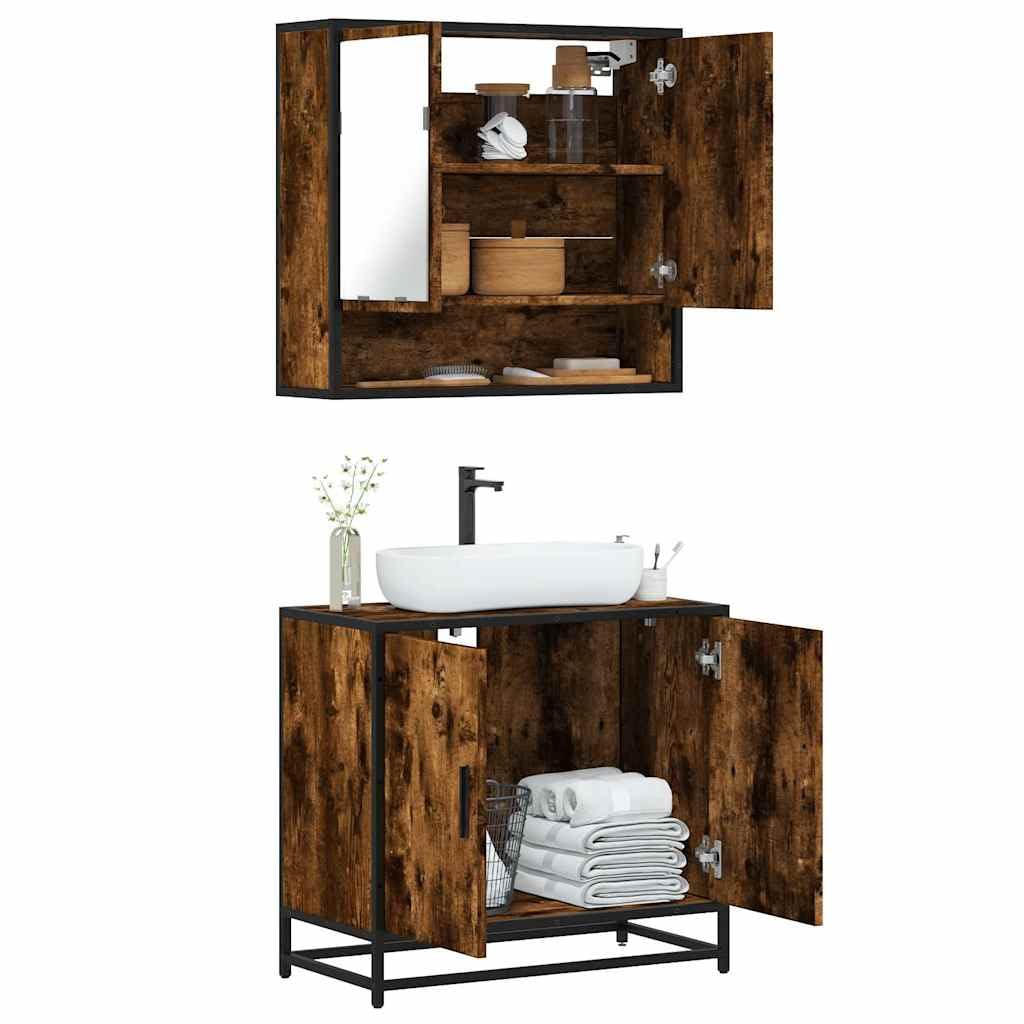 Set Mobili da Bagno 2 pz Rovere Fumo in Truciolato e Metallo | Soluzione salvaspazio per il bagno con armadietto a specchio sospeso e mobile sottolavello in stile industriale.