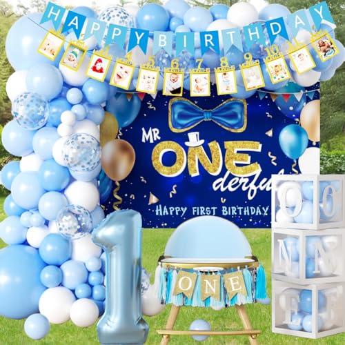 Baby Boy First Birthday Decorations Blue 1 Year Old Birthday Party Supplies for Baby Boy with Balloons Garland kit Mr. Onederful Backdrop Balloons Curtains High Chair Burlap Banner Party Boxes