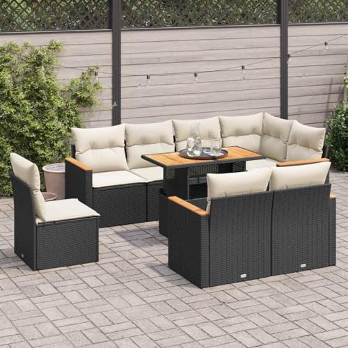 Homgoday Conjunto Jardín de Ratán Conjunto Terraza Resistente a la Intemperie,Rattan Garden Furniture Set sofás jardín y Cojines 9 pzas ratán sintético Acacia Negro