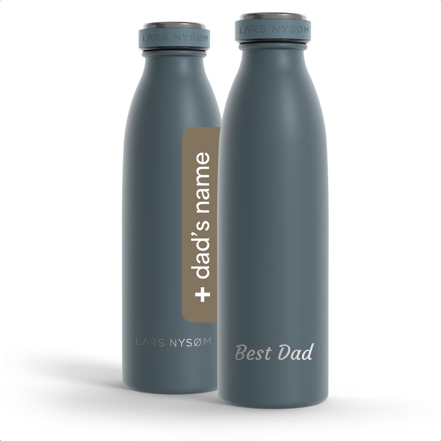 LARS NYSØM Personalised Stainless Steel Water Bottle 350ml, 500ml, 750ml, 1L, 1.5L | Insulated Bottle Suitable for Carbonated Drinks with Engraving | Bottle as Gift with Name (Stone Blue, 500ml) — image 1