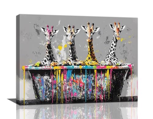 Giraffe Wall Art, Graffiti Giraffes Pictures Wall Decor, Graffiti Canvas Prints, Banksy Animal Painting, Framed Artwork for Bathroom Living Room Bedroom Office Dining Room 16"x12"