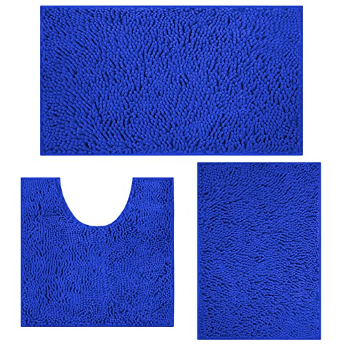 Bathroom Rugs Sets 3 Piece Bath Rug Non-Slip Bathroom Mats with Super Soft Chenille Plush PVC Backing Water Absorbent Carpets 1'' Quick, Easy Clean and Dry Microfiber Toilet Mat, Royal Blue