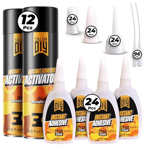 CA Glue (24 x 1.76 oz.) with Spray Adhesive Accelerator (12 x 13.5 fl oz) - Industrial-Grade Cyanoacrylate Adhesive and Super Glue Accelerator for Woodworking, Crafts, DIY, and Repairs, Instant Glue