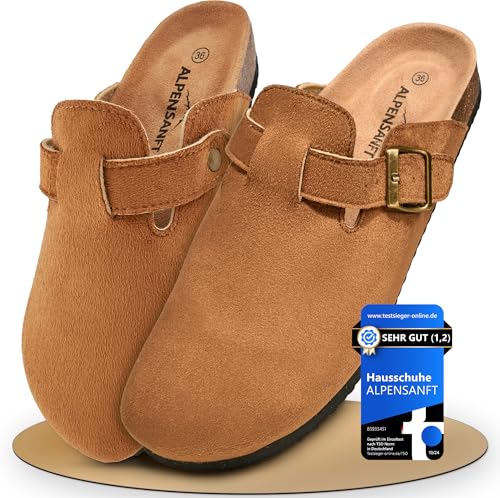 Alpensanft Damen Herren Clogs Hausschuhe mit Riemen Wildleder Braun Korksohle Unisex (36-45) Gepolsterte Echtledersohle (Braunes Wildleder, EU Schuhgrößensystem, Erwachsene, Numerisch, M, 41)