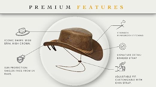 Chapeau Cowboy Australien BRANDSLOCK Cuir Véritable Grand Bord - Style Western Bush Avec Cordon