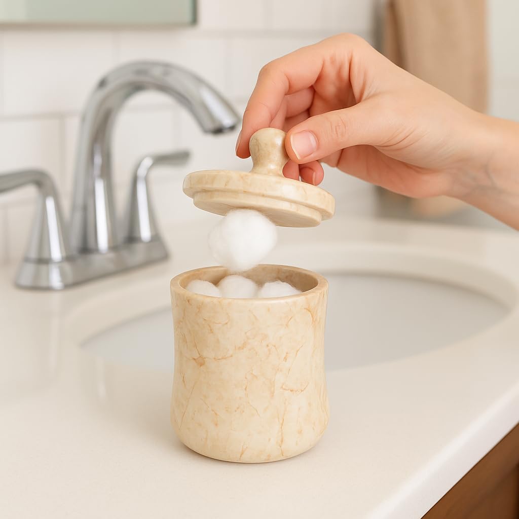 Creative Home Natural Champagne Marble Curvy Collection Cotton Ball Swab Holder Bathroom Storage Jar Container Organizer, 3.6 Diam. x 4.8 H Inch, Beige