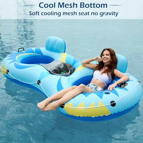 Image of Jasonwell Inflatable River Tube Float - 2 Person Heavy Duty River Float Pool Floats with Removable Cooler Lake Water Tubes for Floating River Raft Lounge Floatie with 2 Cup Holders for Adults (SB)