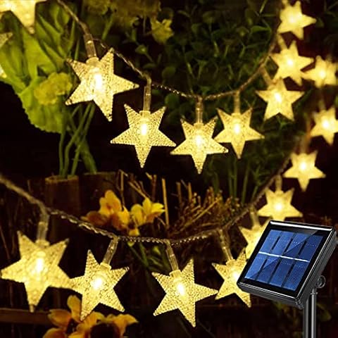 Windpnn Solar String Lights Outdoor, Solar Powered Star String Lights, 30ft 50LED 8 Modes Waterproof Christmas String Lights for Gardens Patio Landscape Xmas Tree Decorations(Warm White) Cover