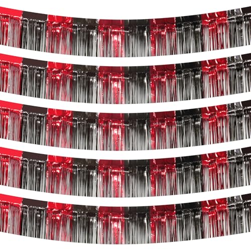 Image of 5 Pack 10 Feet Black Red Foil Fringe Garland Tinsel Parade Float Fringe for Trailer Car Birthday Party Decoration Hanging Backdrop Banner Table Skirts