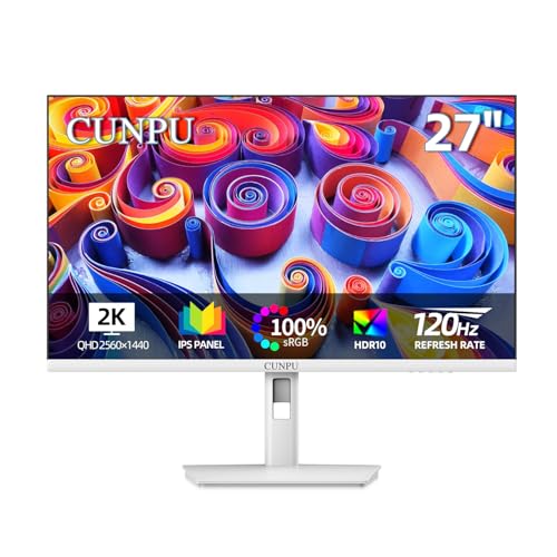 CUNPU 27 Inch 2560x1440p 120Hz White Monitor, IPS Ultra-Thin Bezel Computer Gaming Monitor, 100% sRGB, 16.7M Colors, Adaptive Sync, HDMI/DP, VESA 100x100mm, Eye Care, Tilt Adjustable for Game and Work
