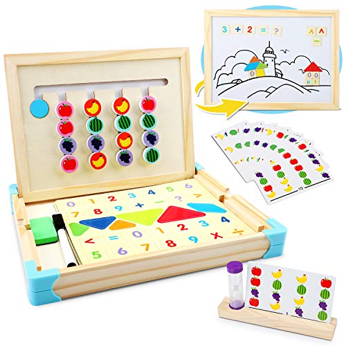 Jojoin Montessori in Legno Puzzle, Matematica Ordinamento Gioco Puzzle Magnetico Legno con Carte Modello, Clessidra & Tangrams, Logica Educativa Giocattolo Regalo per Ragazza Ragazzo 3 4 5 Anni