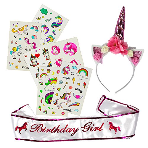 Unicorn Birthday Girl Sash Satin + Unicorn Headband for Girls + 80 Unicorn Temporary tattoos for kids.Unicorn party supplies BY IBB