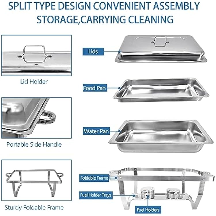 4 Pack Chafing Dish Buffet Set High Grade 8QT Stainless Steel Chafer Complete Set, 8 QT, Alpine Gray Handle, Silver