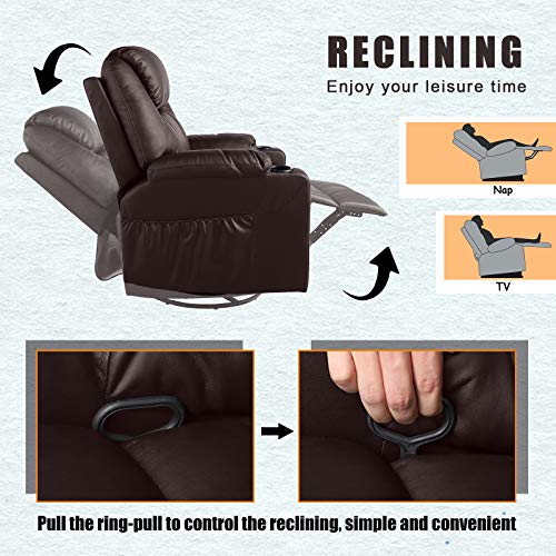 MAGIC UNION Modern PU Leather Massage Recliner Chair Rocking and 360°Swivel Heated Ergonomic Living Room Lounge Chair Single Sofa with 2 Cup Holders and Side Pockets Wireless Remote Control