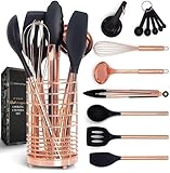 Black and Copper Kitchen Utensils with Holder - 17 Piece Set with Measuring Cups and Spoons, Rose Gold Cooking Tools - Stylish Black and Copper Kitchen Accessories for Modern Cooking and Baking