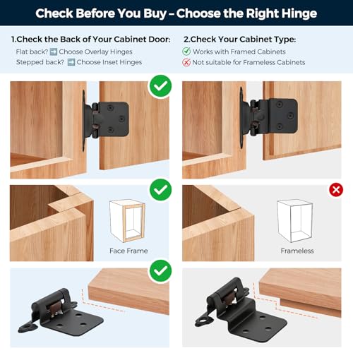 Image of Ravinte 30 Pack (15 Pairs) 1 /2 inch Overlay Cabinet Hinges, Self-Closing Semi-Concealed Face Mount, Matte Black Decorative Hardware with Door Bumpers for Kitchen & Cupboard Doors