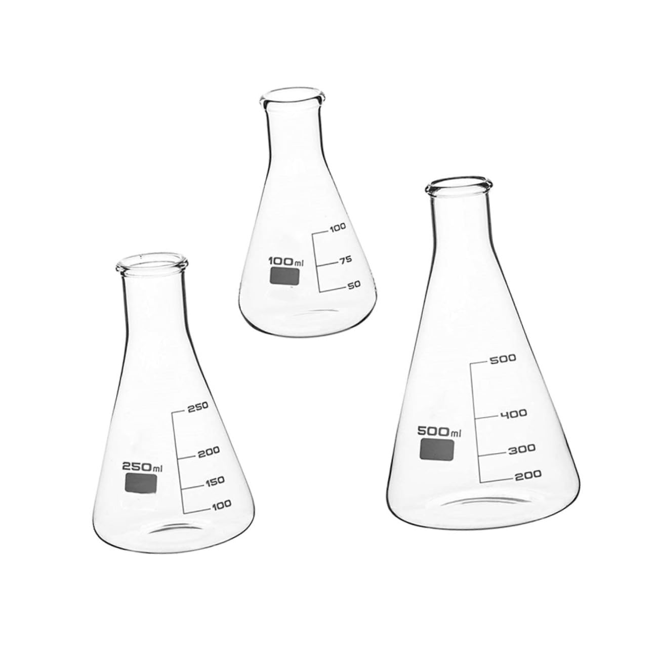 Anneome Juego de 3 Matraces Cónicos de Vidrio Borosilicato Alto | 100 Ml, 250ml y 500ml, Graduaciones Estándar, Fondo Plano para Laboratorio E Investigación