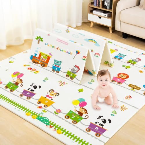 Image of MiniExplorer Double-Sided Waterproof Baby Floor Mat | Extra Large 6.5 x 4.5 ft | 8mm Thick Foam Play Mat | BPA Free, Foldable, Reversible Crawling & Tummy Time Mat for Babies & Kids - Alphabet & Train