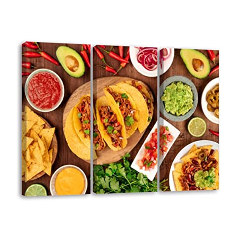 3 Piece Canvas Wall Art Prints Picture A photo Mexican food including tacos guacamole pico de gallo nachos Framed Wall Painting Modern Artwork Poster Home Decor for Living Room Office Ready to Hang