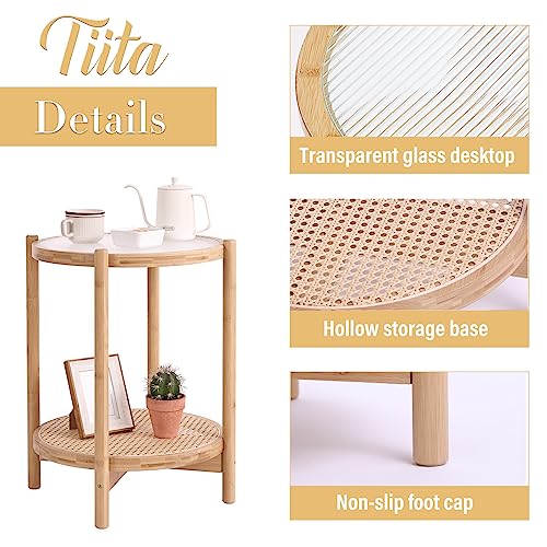 Tiita Rattan Nightstand Side Table, Bamboo Accent Bedside Tables, Glass Coffee Tables, Boho Wooden End Table with Storage for Small Space, Living Room and Bedroom