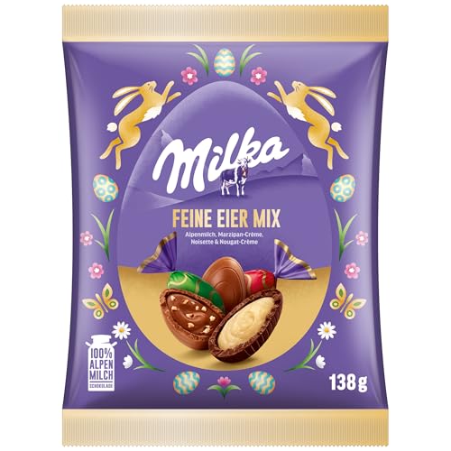 Milka Feine Eier Mix mit vier Sorten: Alpenmilch, Noisette, Nougat-Créme und Weiß – einzeln verpackte Osterschokolade – 138g