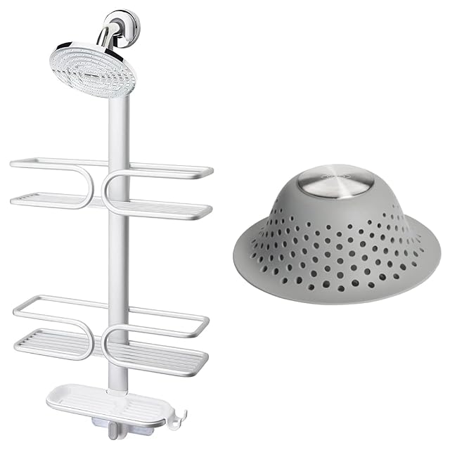 OXO Good Grips Aluminum Shower Caddy and Silicone Tub Drain Protector