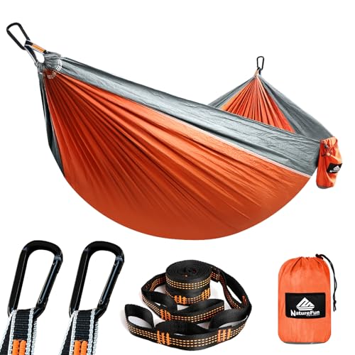 NATUREFUN Ultraleichte Reise Camping Hängematte | 300kg Tragkraft (275 x 140 cm) Atmungsaktiv, Schnelltrocknendes Fallschirm Nylon | 2 x Premium Karabiner,2 x Schlingen| Drinnen Draußen Garten