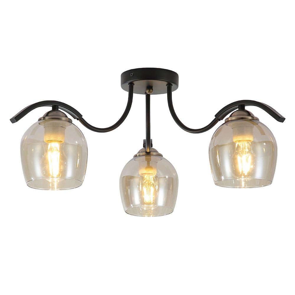 Tekled Amber Glass Shade Amber Glass Black Semi-Flush Ceiling Light E27 - Classic / 3 Lamp