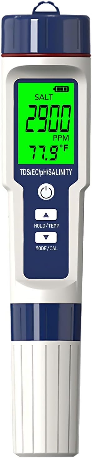 Ph Tester Digital,Pool Salt Tester, Digital Salinity Meter and PH Tester for Pool Salt Water and Drinking Water, 5 in 1 Salinity PH Temp EC and TDS Meter for Swimming Pool Hot Tub Spas, High Accuracy Blue