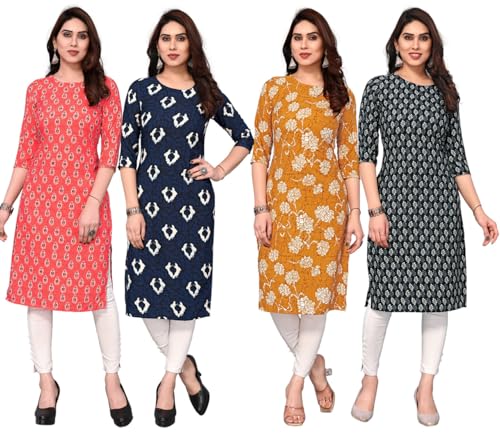 Image of JAKHANA Women's Crepe Printed Casual Straight Calf Length Round Nick Kurta Pack of 4