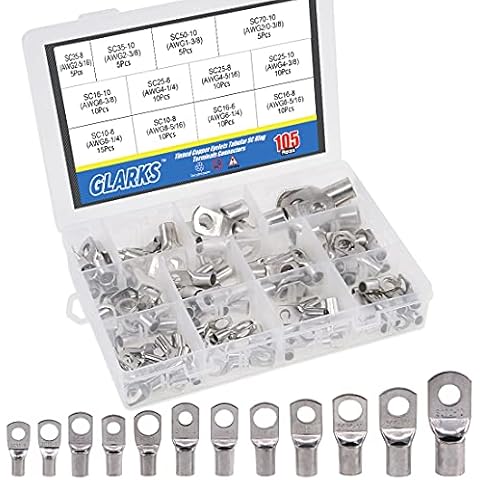 Glarks 105Pcs 12 Type Heavy Duty Lugs Battery Cable Tinned Copper Eyelets Tubular SC Ring Terminals Connectors with Spy Hole Assortment Kit Cover