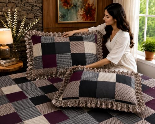 Image of Fitted Bedsheet Queen Size 300 TC Soft Cotton Feel Microfiber All Around Elastic Fitted Double Bedsheet with 2 Frill Pillow Covers | Size (60x78) Purple Box