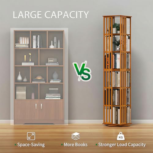 Image of Lauxery Rotating Bookshelf Tower, 6-Tier 360 Bamboo Spinning Bookcase - Easy Assemble Revolving Book Shelf, Floor Standing Space-Saving Storage Book Shelves for Small Space, Home, Office | Walnut