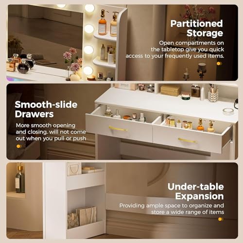 Image of LUCKRACER Vanity Desk with LED Lights Mirror & Charging Station, Makeup Vanity with Storage Drawers and Shelves, Modern Dressing Table for Women Girls Bedroom Brown