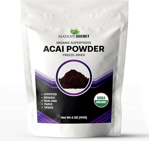 Mayan's Secret - Organic Acai Powder Freeze-Dried - 4oz (114g) | Perfect for Smoothies, Bowls, Desserts & Beverages Superfood Antioxidant, Non-GMO, Vegan, Raw, USDA Organic Omega Fats