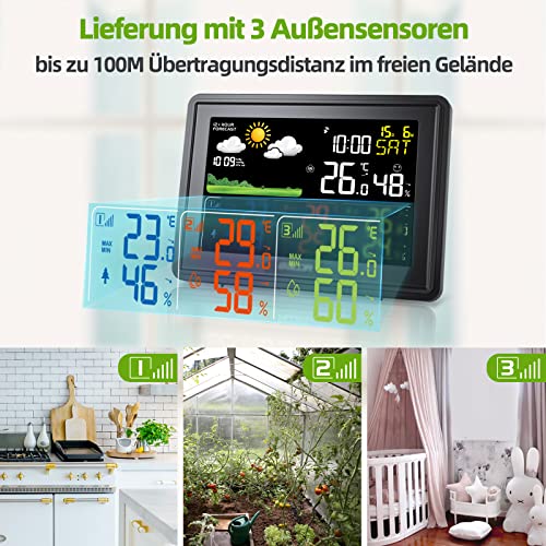 Foto von BALDR Wetterstation Funk mit 3 Außensensoren Innen Außen Digital Thermometer Hygrometer Feuchtigkeit mit Wettervorhersage, DCF Farbbildschirm Wetterstation, Wecker, Uhrzeitanzeige (Schwarz)