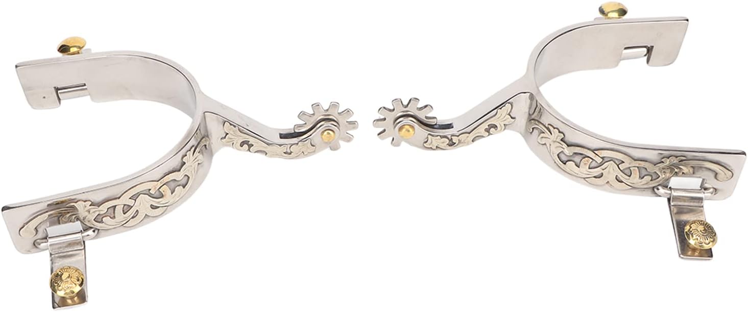 Fockety 1 Pair Horse Spurs, Stainless Steel Hand Engraved Western Cowboys Spurs with Rotating Gear, Professional Not Horse Boot Spurs Decoration for Equestrian Enthusiasts Horse