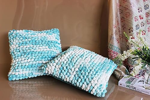 Image of Monstera Hut Boho POM POM Baby Blue Cushion Cover Pack of 1, (Cushion Cover 16x16inch) (40.6 x 40.6 cm)