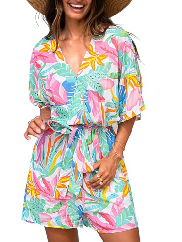 CUPSHE Damen Jumpsuit V-Ausschnitt Kurzarm Strampler Paisley Weites Bein Kurz Overall mit Gürtel Casual Lose Playsuit
