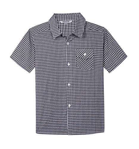 Bienzoe Niños Algodón Tartán Abotonar Corto Manga Camisa Negro/Blanco 11/12