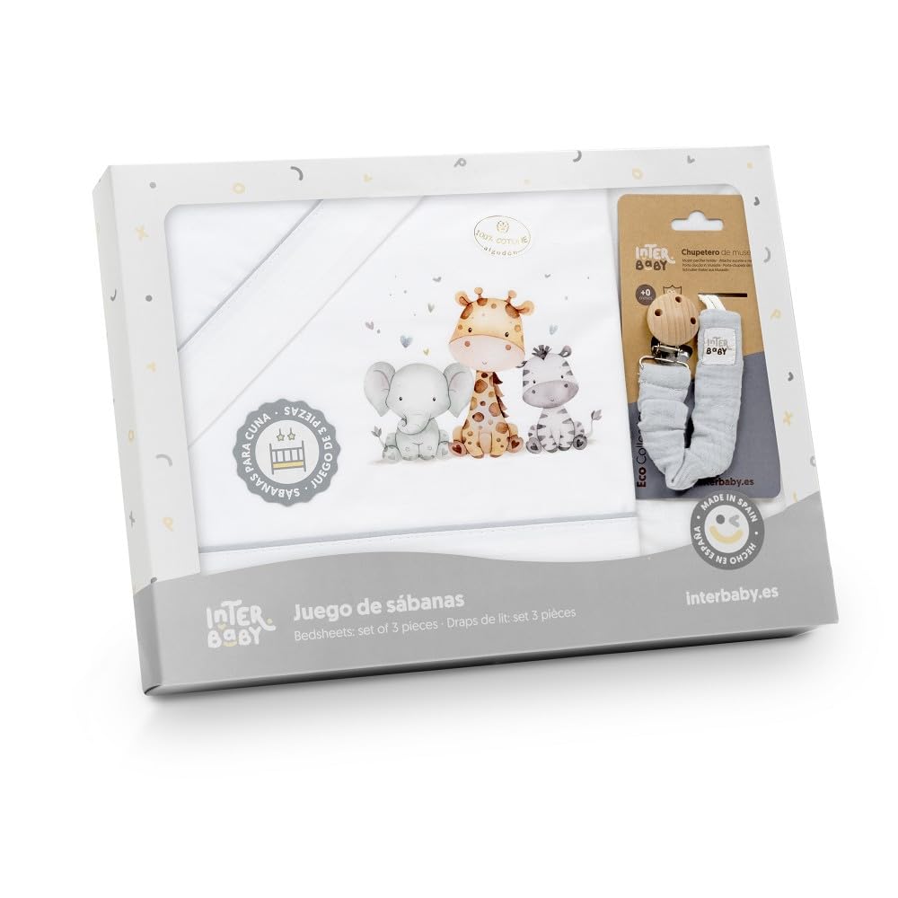 mibebestore Sabanas 100% Algodón Cuna 60X120 - Modelo 01 Color Blanco/Gris- (Bajera+encimera+Funda Almohada) - Ideales para Verano. Hechas en España