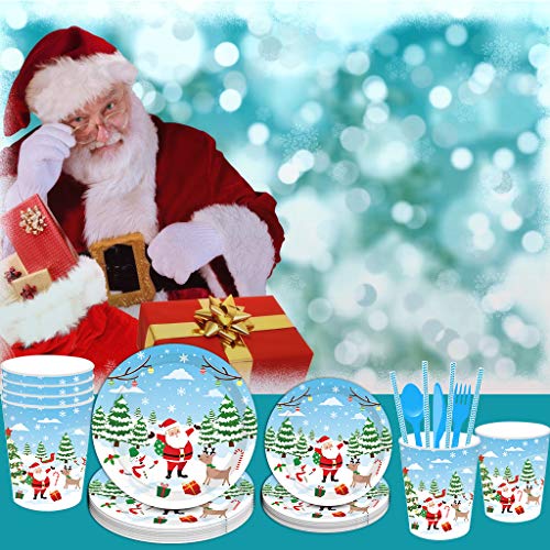 Christmas Party Supplies, 161PCS Christmas Disposable Dinnerware Set Includes Serving 16 People Dinner Plates, Napkins, Cups, Straws and Balloons, Suitable for Christmas and New Year Party Tableware - Thumbnail 7