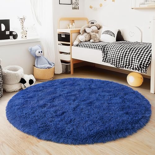5'x5' Blue Round Rug for Bedroom, Ultra Soft Fluffy Circle Rug for Kids Girls Boys Room, Cute Shag Rugs for Living Room Playroom Teen Room Home Decor Rug