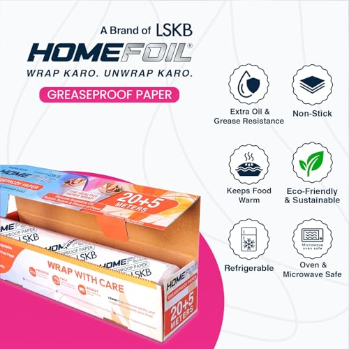 Image of HOMEFOIL Greaseproof Food Wrapping Paper Roll 25 Meter | Butter Paper | Oil Resistant | Food Grade | Microwave & Oven Safe | Ideal for Chapati, Roti Wrapping, Sandwich & Lunch Box