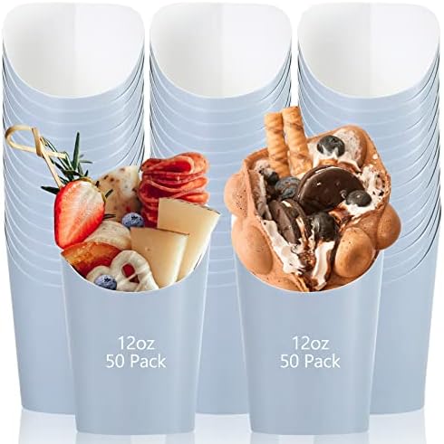 50 Pcs Charcuterie Cups French Fry Holder 12oz Disposable Paper French Fry Cups Paper Appetizer Cups Ivory Board for All Occasions Suitable for Baby Shower Party Waffle Popcorn Food Takeout (Blue)
