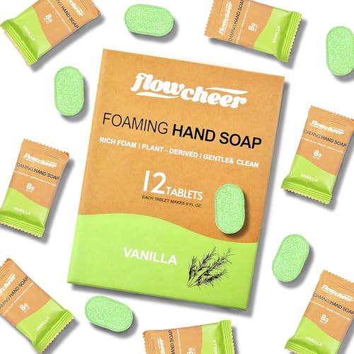 Image of flowcheer Foaming Hand Soap Refill Tablets, 12 Pack Makes 108 fl oz (12 x 9 fl oz Bottles) Vanilla Fragrance,Fresh & Clean Handwash, No Plastic Bottle
