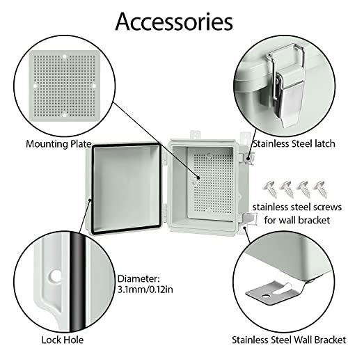 Lemotech Electrical Box, Ip67 Waterproof Hinged Cover Stainless Steel Latch Junction Box, Abs Plastic Electrical Enclosure With Mounting Plate,Wall Brackets, Cable Glands,5.9"X5.9"X3.5",Grey #TOP3
