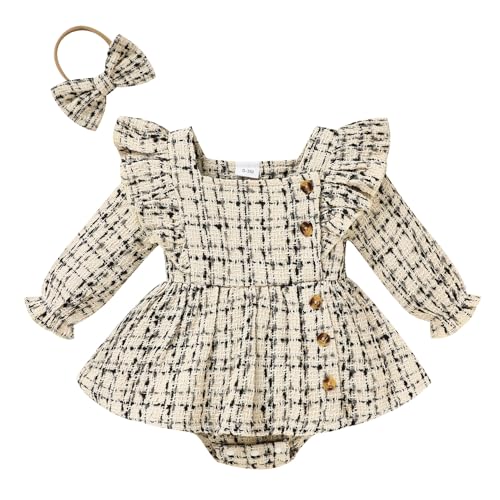 Image of TITKKOP Newborn Baby Girl Fall Winter Clothes Plaid Long Sleeve Romper Buttons Outfit Ruffles Dress with Bow Headband