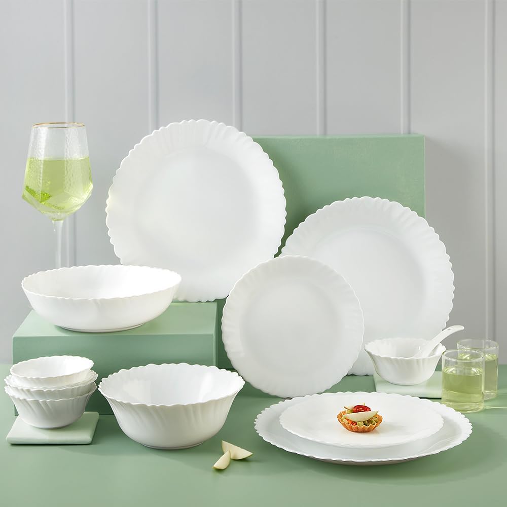 Borosil Gourmet Dinnerware Set For 6, 35 Pieces, White Dinner Plates and Bowls Sets, Chip Resistant Tempered Opal Glass, Stain Resistant, Dishwasher & Microwave Safe Dinner Set For Gifting, Serves 6